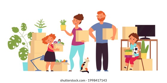 Happy family in new home. Young people move, packaging or cardboard box delivery. Cartoon woman kid moving to apartment decent vector concept