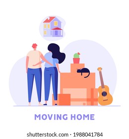 Happy family in new house or apartment. Young couple with cardboard boxes for home stuff. People moving in new home. We’re moving concept. Vector illustration for Web Design