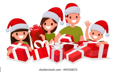 Happy family with New Year gifts. Element for decoration of Christmas sales. Vector illustration of a flat design