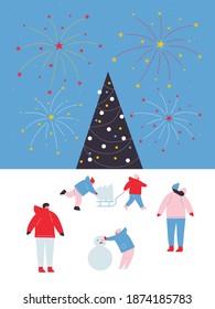 Happy family at the New Year's skating rink. Vector flat design illustration. Family values cartoon style. Snow and fireworks in the background. Christmas banner illustration. Christmas tree art.