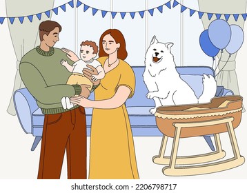 Happy family with newborn baby boy and cute white dog at home near bed. Young parents holding new born son in hands. Smiling mother and father with infant hugging together flat vector illustration.