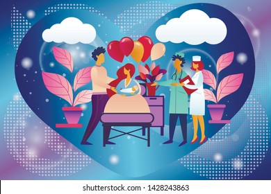 Happy Family with Newborn Baby in Chamber of Maternity Hospital. Delivery, Childbirth, Clinic Room with Mother Bed and Medical Staff, New Born Child, Mother, Father, Cartoon Flat Vector Illustration