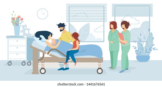 Happy Family With Newborn Baby In Chamber Of Maternity Hospital. Delivery, Childbirth, Clinic Room With Mother Bed And Medical Staff, New Born Child, Mother, Father, Cartoon Flat Vector Illustration