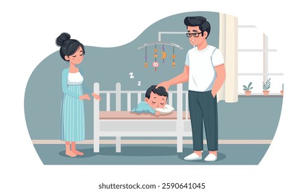 happy family with newborn baby is sleeping in crib next to father and mother cartoon vector flat design