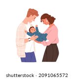 Happy family with newborn baby. Young parents and new born son in hands. Mother, father holding infant together with love. Parenthood concept. Flat vector illustration isolated on white background