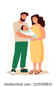 Happy family with newborn baby.Young parents and new born son or daughter in hands.Mother,father holding infant together with love.Parenthood concept.Flat vector illustration isolated white background