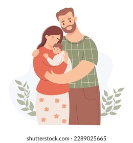 Feliz familia con el recién nacido. Una pareja adulta con hijos y marido. Ilustración vectorial en estilo plano. padres, maternidad, concepto de paternidad.