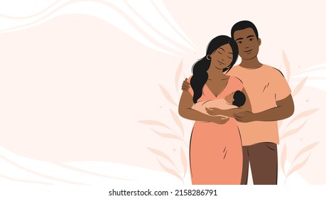 Happy family with newborn. parents with child, woman holding baby in her arms. Banner about pregnancy and breastfeeding with place for text. Vector illustration.