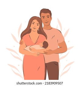 Happy family with newborn. Parents with child. Pregnancy and breastfeeding concept. Vector illustration.