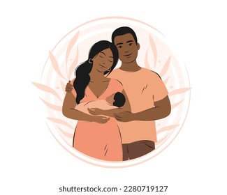 Feliz familia con el recién nacido. Padres con hijos. Concepto de embarazo y lactancia materna. Ilustración vectorial.