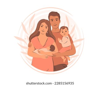Happy family with newborn. Family  with two children. Pregnancy and breastfeeding. Vector illustration.
