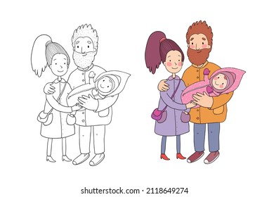 Happy family with newborns. Mom, dad and kids on a walk. Cute cartoon couple and baby.  Illustration for coloring books. Monochrome and colored versions. Worksheet for children and adults