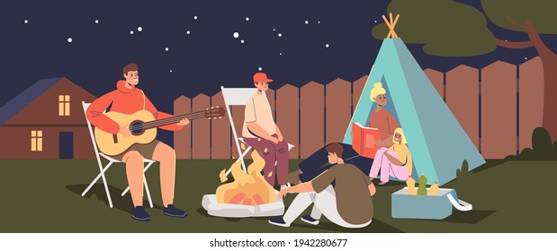 Happy family at night in camp on backyard. Parents and kids camping outside house with tent and singing songs with guitar at campfire. Cartoon flat vector illustration