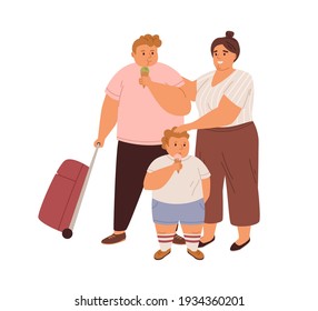 Happy family of obese people standing with luggage. Fat tourists eating ice-cream. Overweight mother, father and son traveling with baggage. Colored flat vector illustration isolated on white