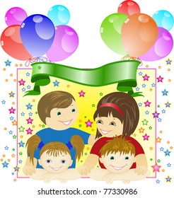 happy family on a background of festive decorations from balloons and stars