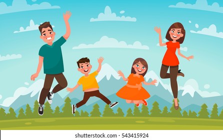 Happy family on a background of mountain scenery. Dad, Mom son and daughter are jumping on the lawn. Vector illustration in cartoon style