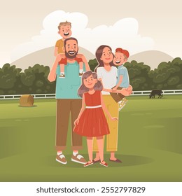 Happy family on the background of nature. Mom dad daughter and sons on a country trip in the village. Family portrait outdoors. Parents and children. Vector illustration in a flat style