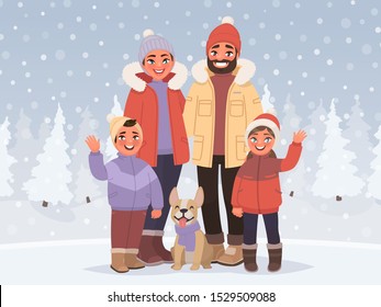 Happy family on a background of a winter snowy landscape. Parents and children on outdoor. Active holidays in the cold season. Vector illustration in cartoon style