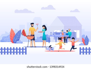 Happy Family on Backyard Picnic at Home Vector Flat Illustration. Father and Mother Preparing Barbecue Grill Outdoors. Son and Daughter Running with Puppy. Grannies Wait Sitting with Grandson at Table