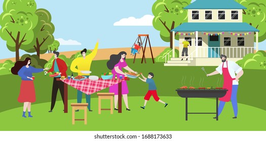 Happy family on barbecue party picnic at home backyard, people grill summer cookout, vector illustration. Cheerful parents and children having fun on BBQ party, cartoon characters summertime leisure