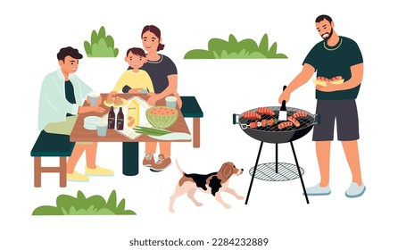 Happy family on a barbecue picnic.Dad,mum,teenager son, little child and dog.Smiling relatives have fun together.Parents and children have a rest.Cartoon flat vector illustration on white background.