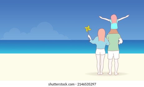 Happy family on beach background.