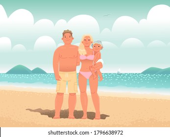 Familia feliz en la playa junto al mar. Papá, mamá y su hijo están tomando el sol y disfrutan el verano. Ilustración vectorial en estilo plano