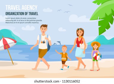 Happy Family on Beach. Father, Mother, Son and Daughter enjoying Beach Vacation walking on Sand. Parents and Children having Fun at Beach. Summer Vacation on Seashore. Vector Illustration.