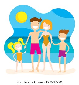 Happy family on the beach. Summer vacation, holidays by the sea. Vector illustration of lovely cartoon characters.