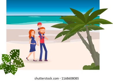 
Happy family on the beach. Walk along the beach with palm trees. 
Pregnant woman. The boy is sitting on his father's neck. Family walk. Vector illustration.