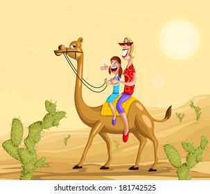 Happy family on camel ride in desert