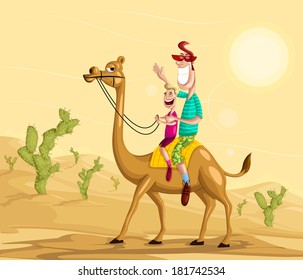 Happy family on camel ride in desert