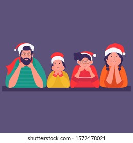 Happy family on Christmas day posing for portrait with Santa Claus hats. Vector illustration can use for greeting card, banner, poster, web page 