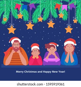 Happy family on Christmas day posing for portrait with Santa Claus hats. Vector illustration can use for greeting card, banner, poster, web page