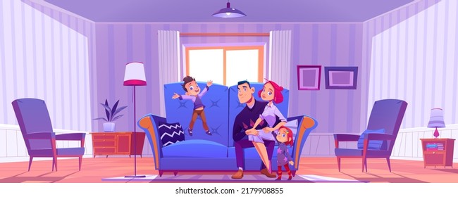 Happy family on couch in living room. Vector cartoon illustration of vintage house interior with couple sitting on sofa and cute kids. Mother, father, daughter and son relax at home together