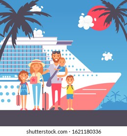 Happy Family On Cruise Trip, Vector Illustration. Flat Style Cartoon Characters, Family With Children Arrived On Tropical Island For Summer Vacation. Parents And Kids Traveling Together On Cruise Ship