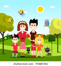 Happy Family on Field with Pets Animals. Vector Flat Design Landscape.