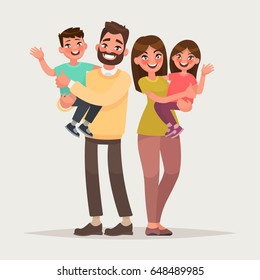 Happy family on isolated background. Parents hold children in their arms. Vector illustration in cartoon style