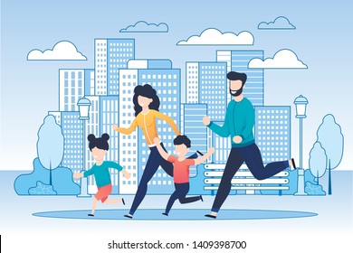 Happy Family on Jogging in City. Father, Mother, Daughter and Son Running around Downtown. Healthy and Active Lifestyle. Care, Love and Relationships. Vector Illustration in Flat Cartoon Style