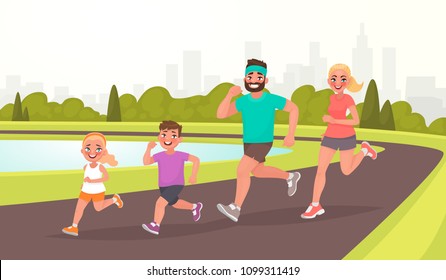 Happy Family On A Jogging. Father, Mother, Daughter And Son Are Running Around In The Park. Healthy Lifestyle. Vector Illustration In Cartoon Style