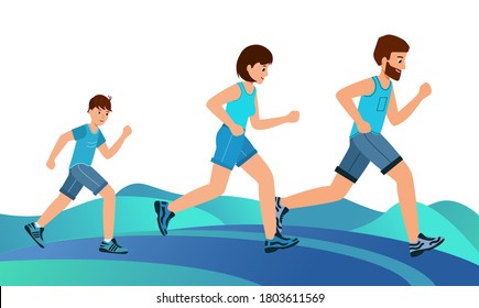Happy family on a jogging. Father, mother and son are running around in the park. Outdoor training, athletics. Healthy active lifestyle. Vector illustration in modern flat style.