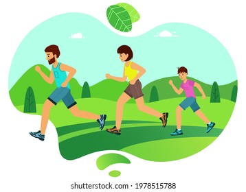 Happy family on a jogging. Father, mother and son are running around in the park. Outdoor training, athletics. Healthy active lifestyle. Vector illustration in modern flat style.