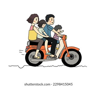 Gute Familie mit Motorrad. Vektorgrafik-Cartoon-Flachdesign einzeln auf weißem Hintergrund