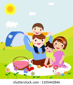 Happy family on a picnic. Dad, mom, son and daughter are resting in nature. Vector illustration in a flat style