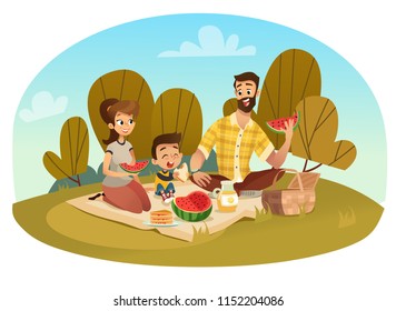 Happy family on a picnic. Dad, mom, son are resting in nature. Vector illustration in a flat style