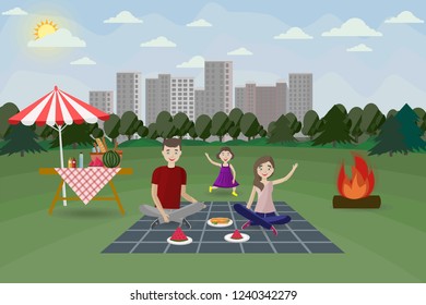 Happy family on a picnic. Dad, mom and daughter are resting and eating in nature in city park. Vector illustration in a flat style. 