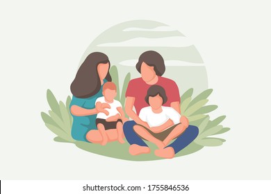 Happy family on a picnic. Dad, mom, son and daughter are resting in nature. 
Vector illustration in a flat style. Family selfie. 
International day of families concept.