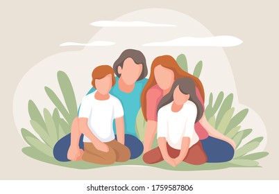 Happy family on a picnic. Dad, mom, son and daughter are resting in nature. 
Vector illustration in a flat style. Family selfie. 
International day of families concept.