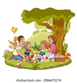 Happy family on a picnic. Dad, mom, son and daughter are resting in nature. Vector illustration in a flat style