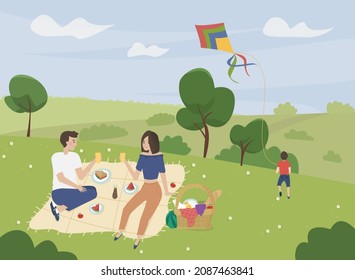 Happy family on a picnic. Dad, mom and son are relaxing in nature with a large basket of goodies. Son is playing with a kite. Vector illustration in a flat style.